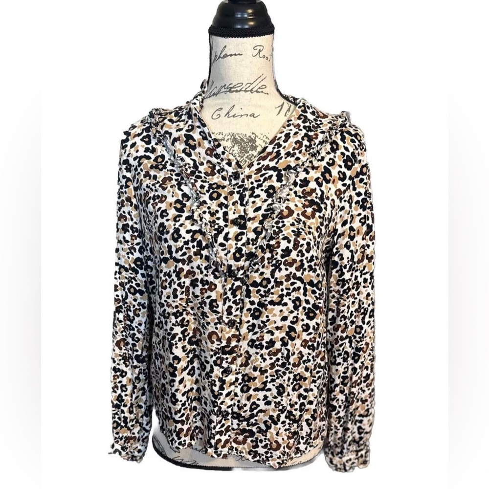 MAEVA by Anthropologie Ruffle Animal Print Blouse Size 12P NWOT